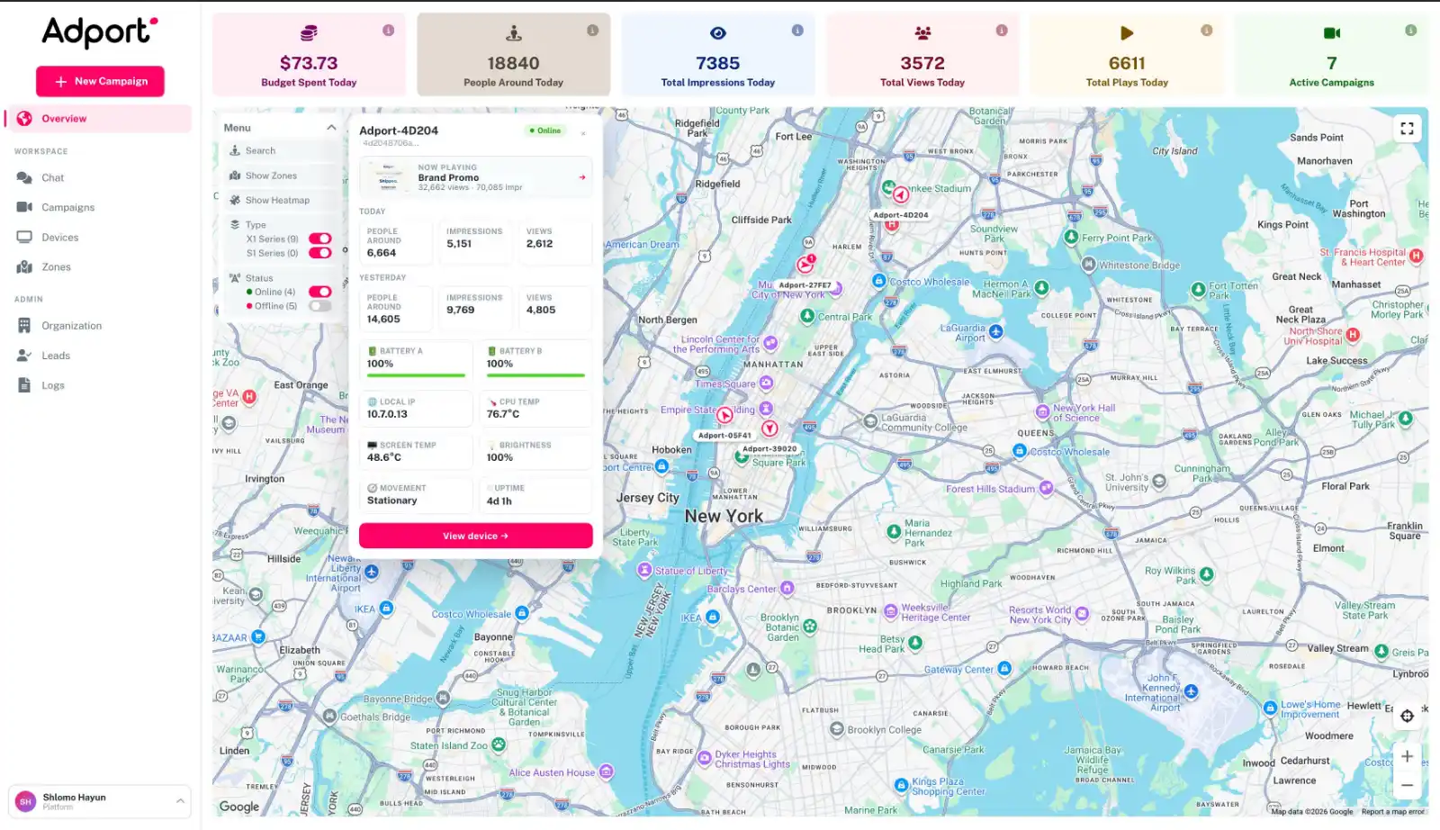 The console — the live New York fleet, device by device.